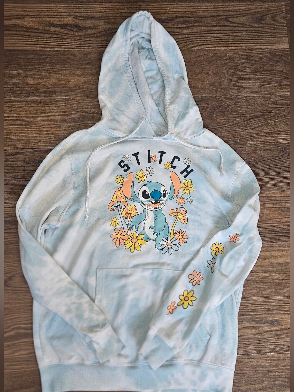 Disney Lilo and Stitch Blue White Tie Dye Graphic Floral Hoodie Sweatshirt XL